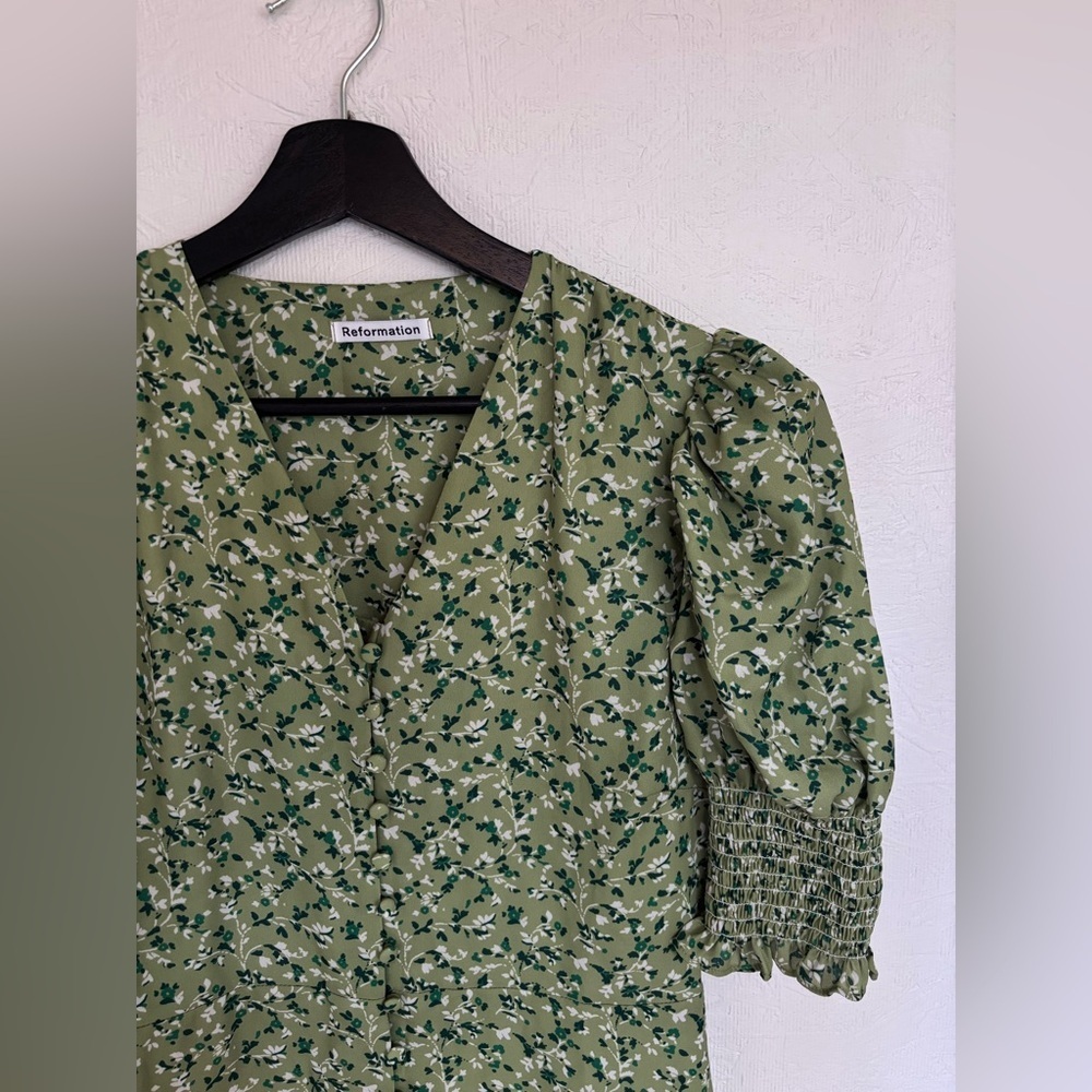 Reformation Green Alison Floral Button Down Short Puff Sleeve Mini Sun Dress - Picture 7 of 14
